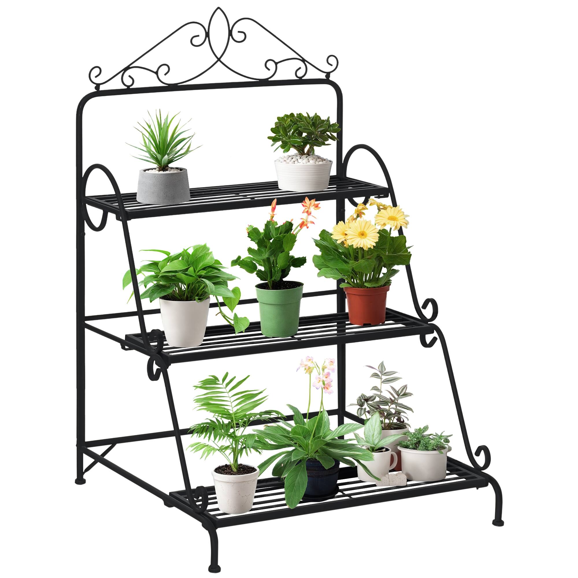 Front. Outsunny - Outdoor Plant Stand, 3 Tier Metal Plant Shelf, Stair Style Flower Stand - Black.