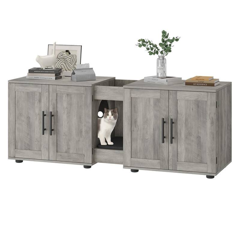 GARVEE - 55" Double Litter Box Enclosure Furniture for 2 Cats,TV Stand,Cabinet Buckles & Storage Grooves,Suitable for living room - Gray
