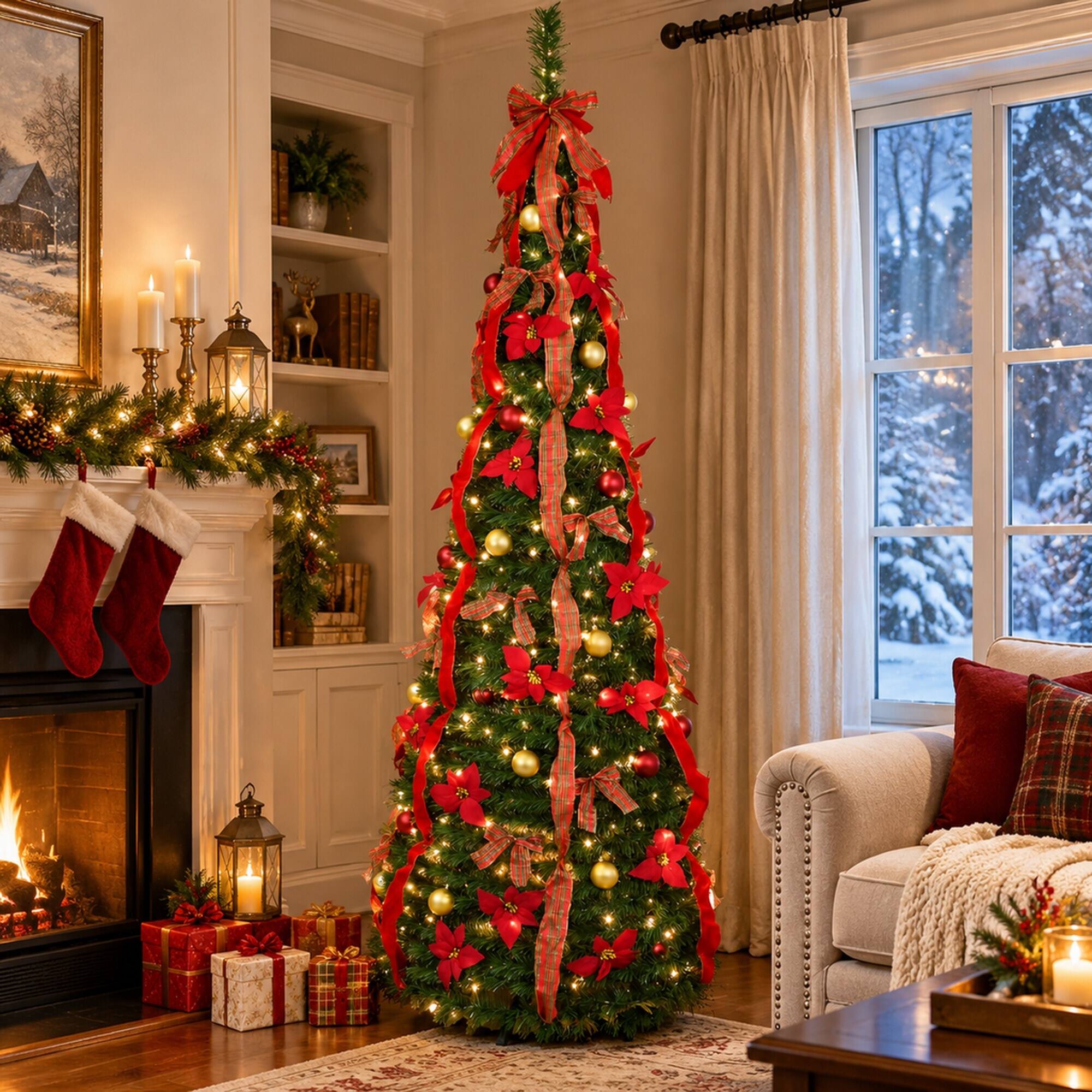 Left. RYHNUYNE - 7FT Pre-Lit Pop Up Christmas Tree With 200 Pre-Strung Lights and Gold Red Balls, Satin Bows and Quick Setup - Green.