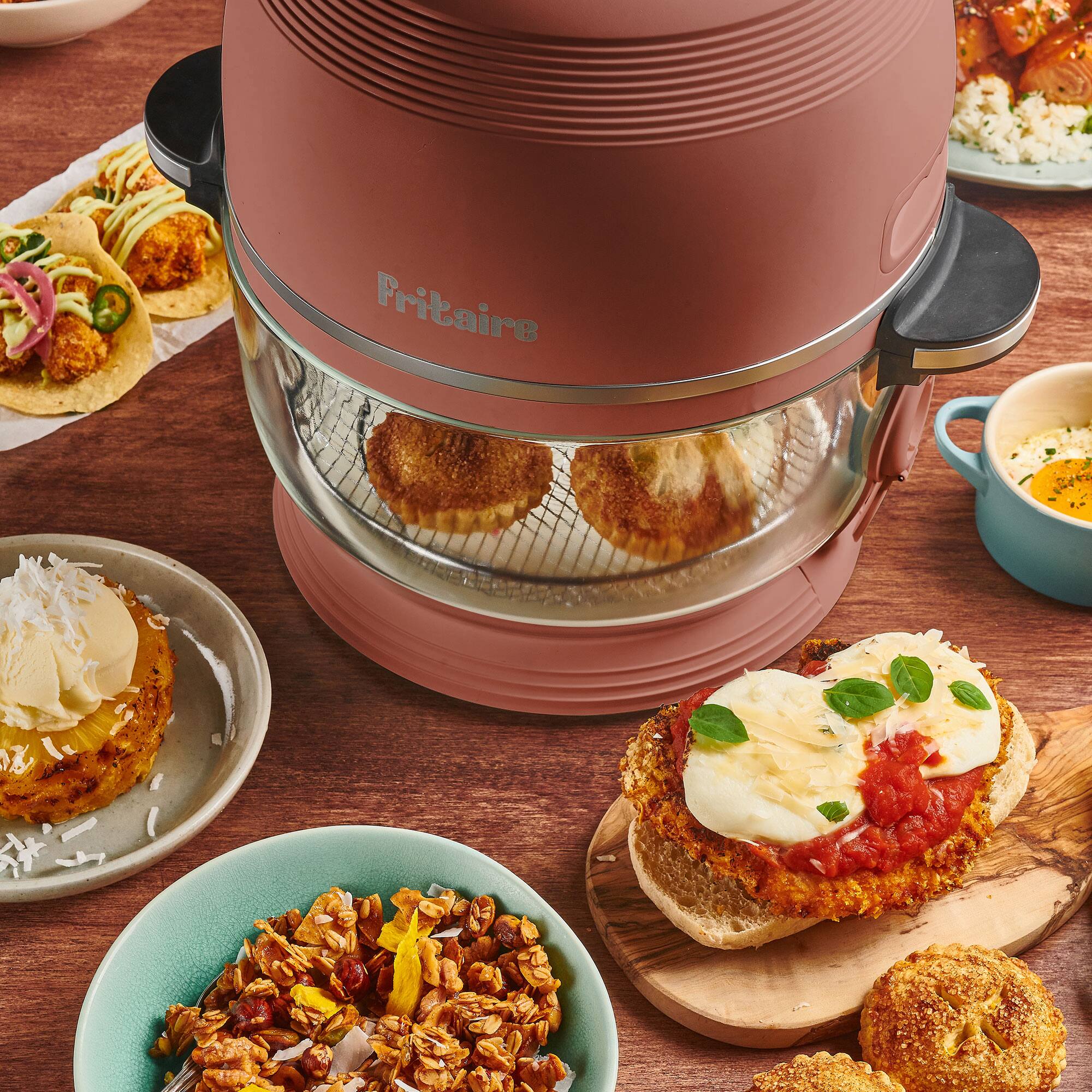 Left. Fritaire - Non-Toxic Air Fryer - Glass Air Fryer, 5qt, Teflon-Free, PFOA- Free, w/ Accessories - Rotisserie and Tumbling Basket - Mauve Rose.