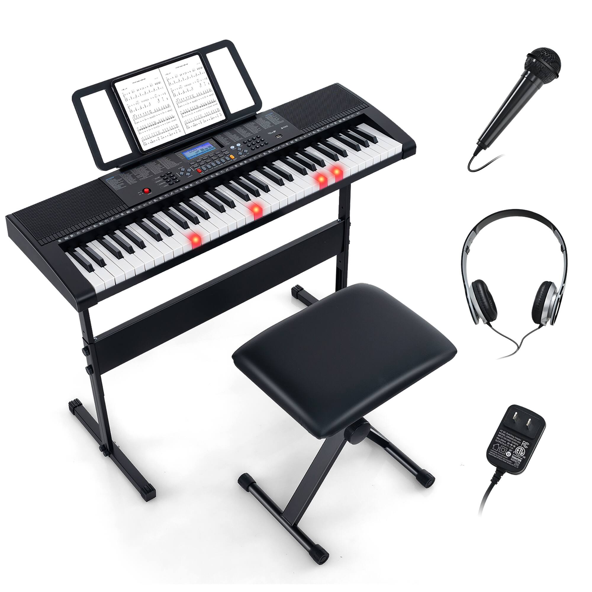 Front. Gymax - Gymax 61-Key Portable Electronic Keyboard Piano w/ Stand & Stool Complete Digital Piano Set - Black, White.