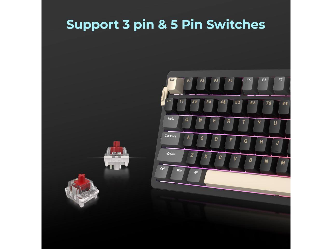 Support 3 pin & 5 Pin Switches  
Esc F1 F2 F3 F4 F5 F6 F7  
1! 2@ 3# 4$ 5% 6^ 7& 8*  
Tab Q W E R T Y U CapsLock  
A S D F G H J Shift  
Ctrl Win Z X C V B N M