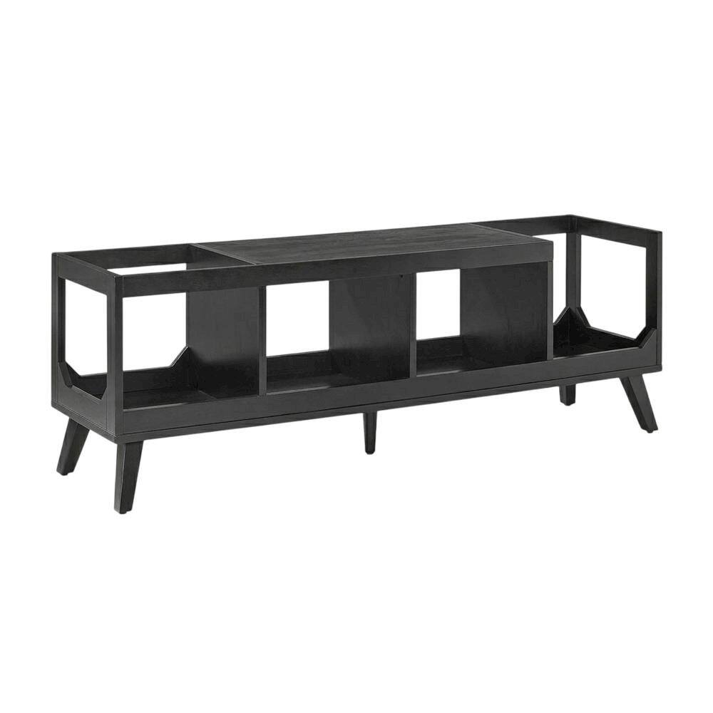Back. FurniFact - Wooden Low Record Player Stand with Vinyl Storage and Cable Management - Black.