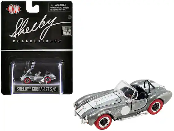 **Trading Warning:**
CHOKING HAZARD - Small parts. Not for children under 3 years.
**ACME Company**
**Shelby Collectibles**
**Scale 1:64**
**Die-Cast Metal**
**14+**
**SHELBY® COBRA 427 S/C**