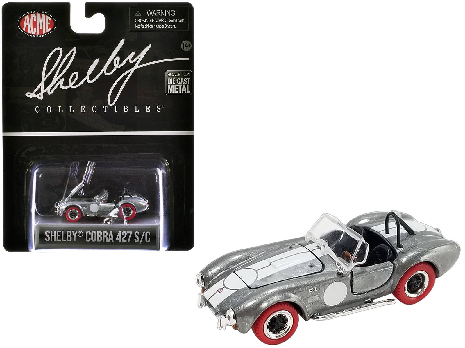 **Trading Warning:**  
CHOKING HAZARD - Small parts. Not for children under 3 years.

**ACME Company**

**Shelby Collectibles**

**Scale 1:64**  
**Die-Cast Metal**

**14+**

**SHELBY® COBRA 427 S/C**