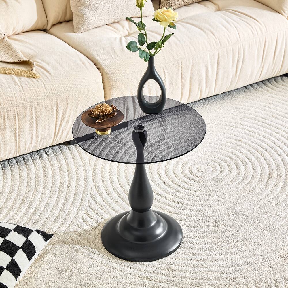 Left. Loheer - Loheer Small Metal Side Table Vintage Round Glass Top Matte Black End Table - Matte Black.
