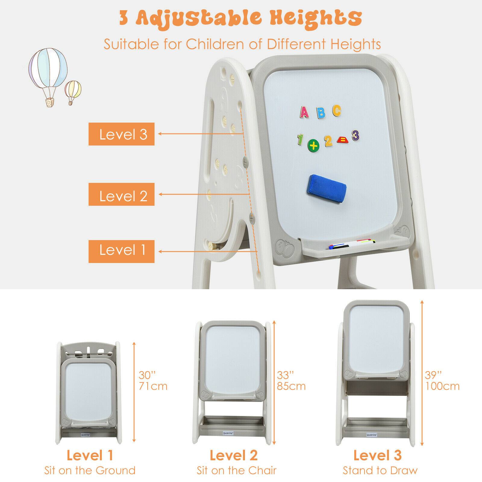 The text on the image is grouped and corrected as follows:

1. 3 Adjustable Heights Suitable for Children of Different Heights
2. Level 3: A B C
3. 1 = 3 1023 + 2
4. Level 2: 30" 71cm
5. Level 1: 33" 85cm
6. 39" 100cm
7. SaW Level 1: Sit on the Ground
8. SaW Level 2: Sit on the Chair
9. SaW Level 3: Stand to Draw