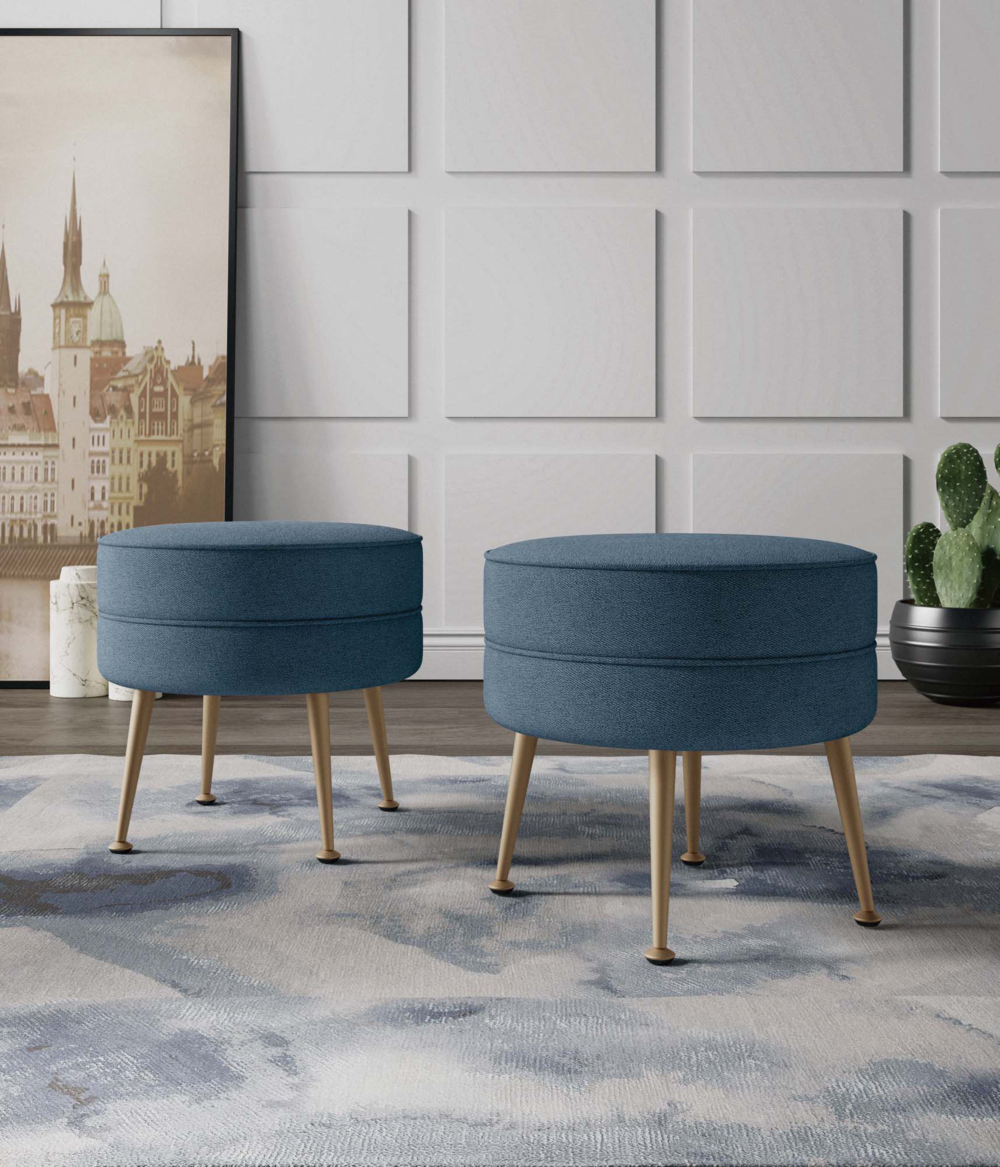 Angle. Manhattan Comfort - Bailey Mid-Century Modern Upholstered Accent Ottoman - Set of 2 - Blue.