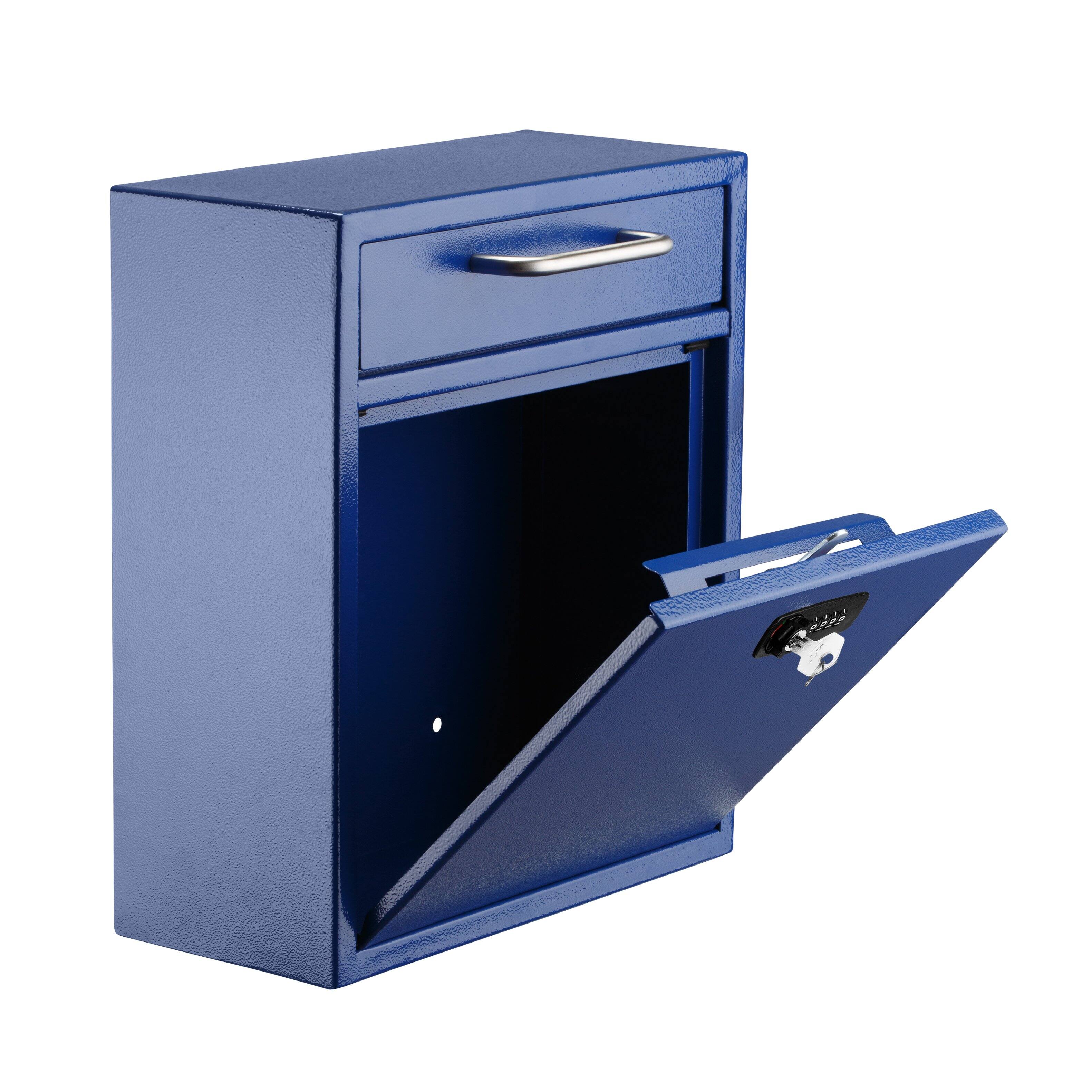 Angle. AdirOffice - Safe Drop Box Medium Steel Wall-Mounted Drop Box Mailbox with Combination Lock - Blue.