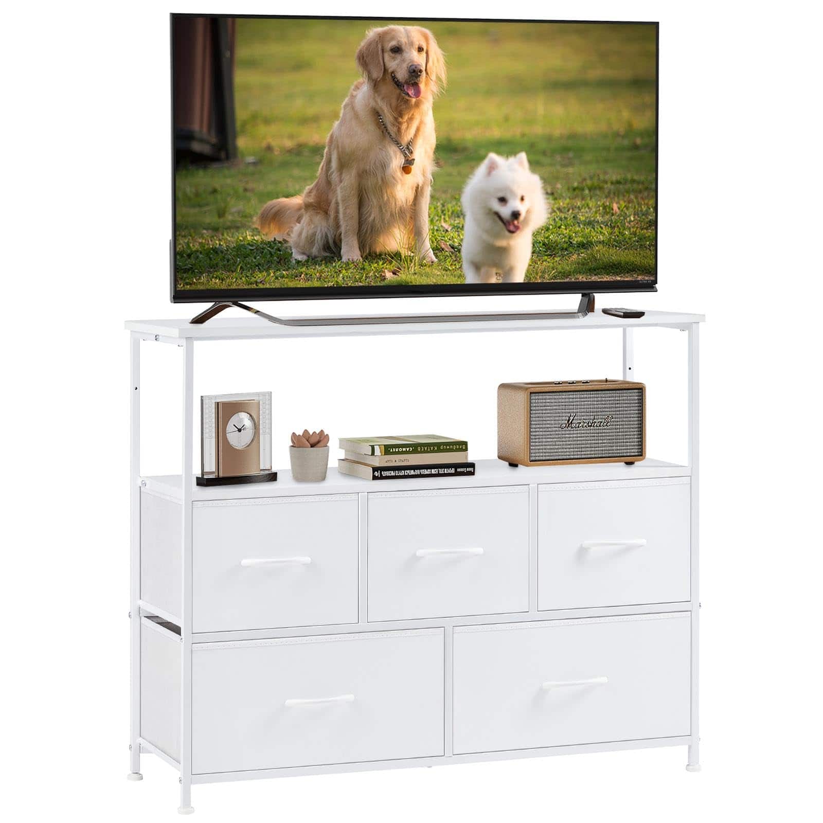 Hirose Alice - Tv Stand Dresser For Bedroom With 5 Fabric Drawer Entertainment Center 45 Inch Television Media Console Table - White-11.8"D x 39.4"W x 31.9"H (5 Drawers)