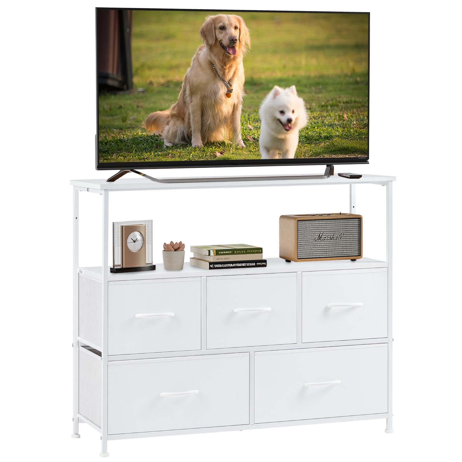 Hirose Alice - Tv Stand Dresser For Bedroom With 5 Fabric Drawer Entertainment Center 45 Inch Television Media Console Table - White-11.8"D x 39.4"W x 31.9"H (5 Drawers)