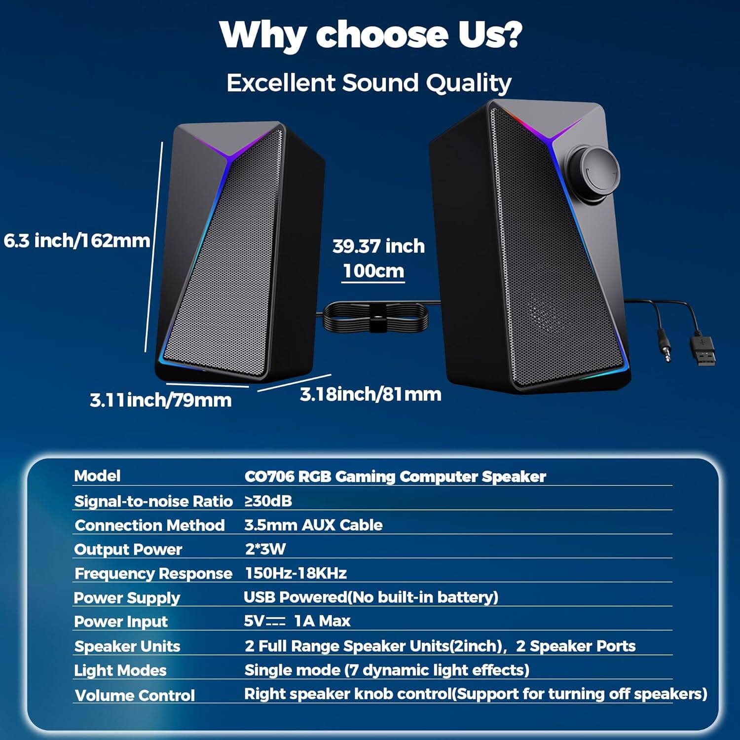 Why choose Us?  
Excellent Sound Quality

6.3 inch/162mm  
39.37 inch/100cm  
3.11 inch/79mm  
3.18 inch/81mm

Model: CO706 RGB Gaming Computer Speaker  
Signal-to-noise Ratio: ≥30dB  
Connection Method: 3.5mm AUX Cable  
Output Power: 2*3W  
Frequency Response: 150Hz-18KHz  
Power Supply: USB Powered (No built-in battery)  
Power Input: 5V/1A Max  
Speaker Units: 2 Full Range Speaker Units (2 inch), 2 Speaker Ports  
Light Modes: Single mode (7 dynamic light effects)  
Volume Control: Right speaker knob control (Support for turning off speakers)
