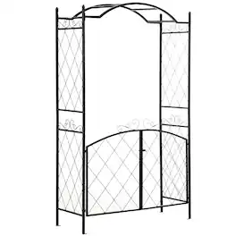 Outsunny - 85" Garden Arch Arbor, Metal Arch Trellis with Gate, Garden Archway for Climbing Vines, Wedding Ceremony Decoration - Black