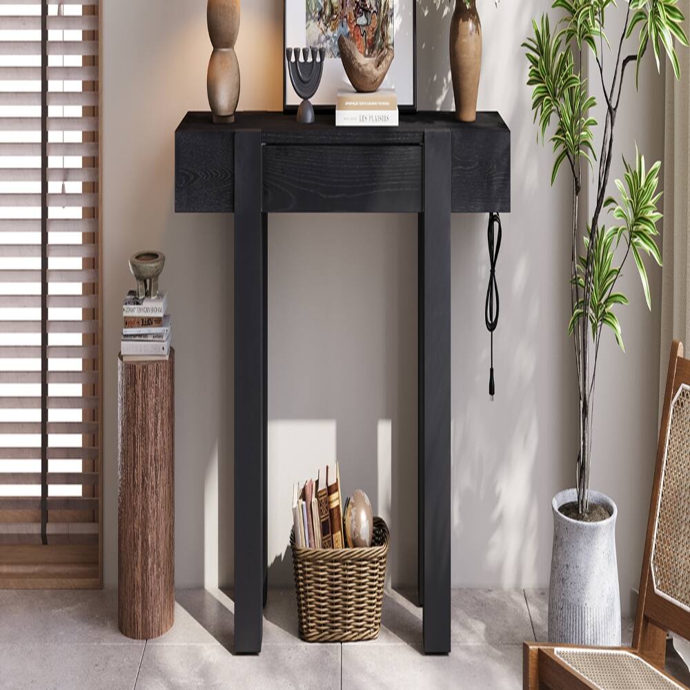 Alt View 1. Loheer - Loheer Black Rustic Console Table with Power Outlet, Solid Wood Entryway Table with Hidden Drawer - Black.