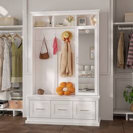 FUFU&GAGA - Hall Tree with Mirror and Storage Bench Elegant Entryway Organizer with Coat Hooks and Shelves - White