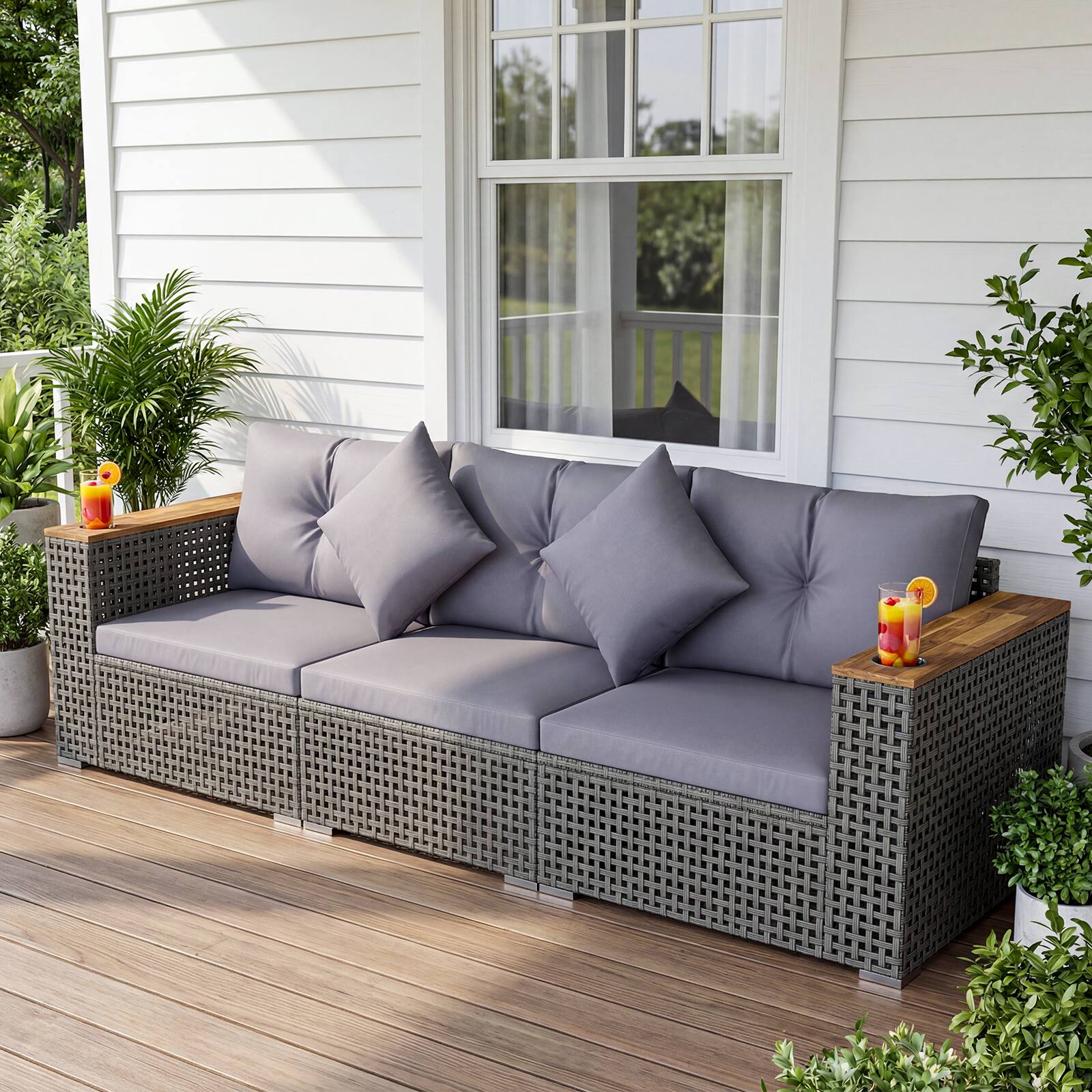 Alt View 4. Costway - Costway Patio Wicker Sectional Furniture Set, 3 Piece Outdoor Couch Set for Garden - Gray.