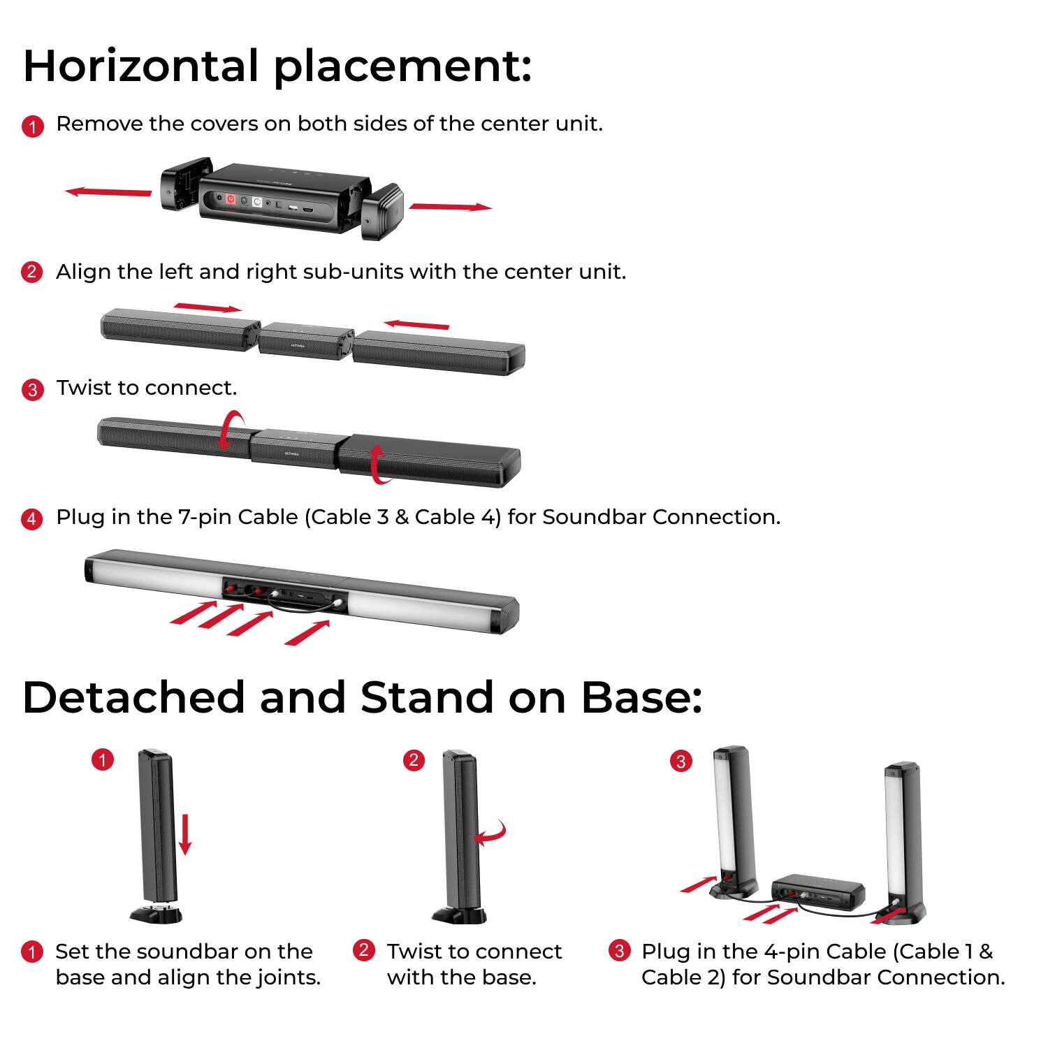 **Horizontal placement:**

1. Remove the covers on both sides of the center unit.
2. Align the left and right sub-units with the center unit.
3. Twist to connect.
4. Plug in the 7-pin Cable (Cable 3 & Cable 4) for Soundbar Connection.

**Detached and Stand on Base:**

1. Set the soundbar on the base and align the joints.
2. Twist to connect with the base.
3. Plug in the 4-pin Cable (Cable 1 & Cable 2) for Soundbar Connection.