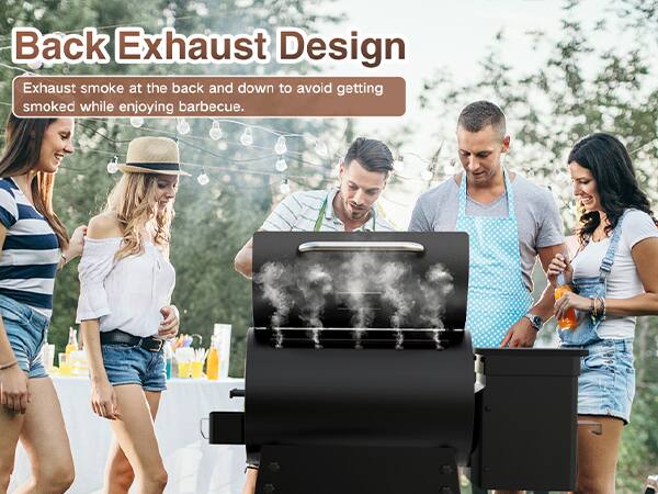 Back Exhaust Design

Exhaust smoke at the back and down to avoid getting smoked while enjoying barbecue.