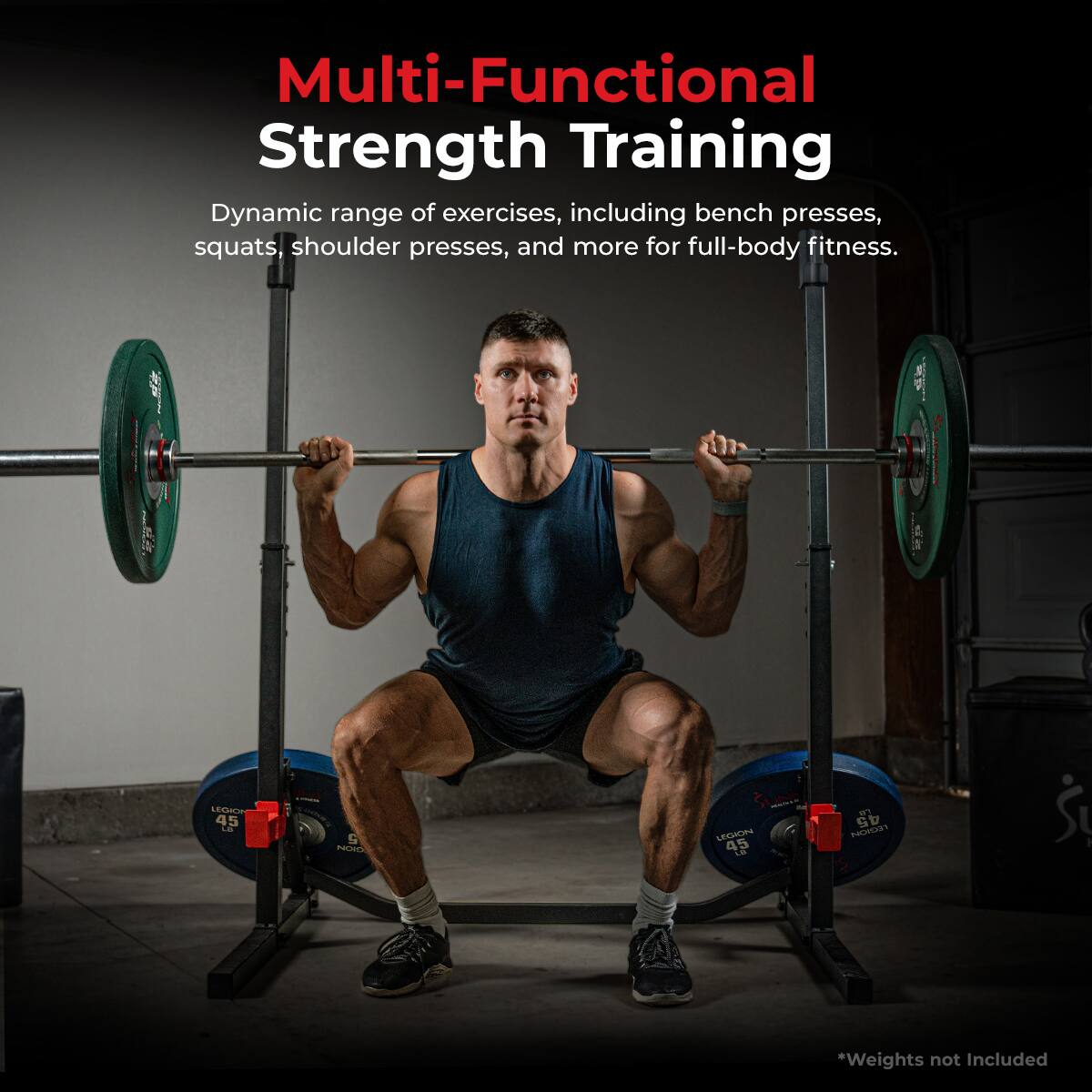 Multi-Functional Strength Training Dynamic range of exercises, including bench presses, squats, shoulder presses, and more for full-body fitness. *Weights not Included.