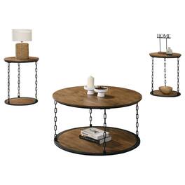 Vaczon - 3 Piece Rustic Industrial Coffee and Side Table Set with Chain-Metal Frame and 2-Tier Storage - Natural