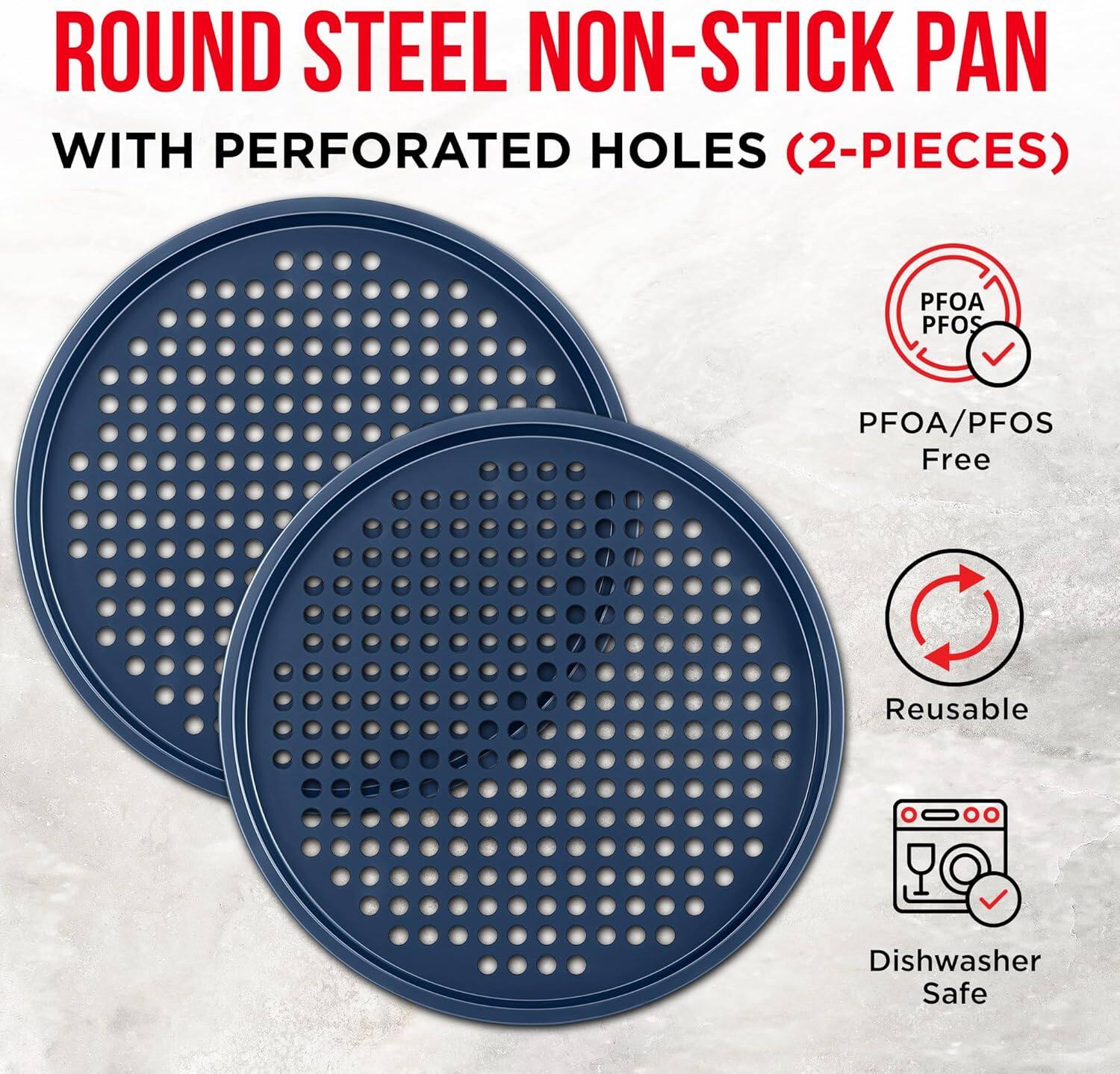 ROUND STEEL NON-STICK PAN WITH PERFORATED HOLES (2-PIECES) PFOA/PFOS Free Reusable Dishwasher Safe