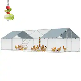 PULUZ - Metal Chicken Coop, 26 feet x 10 feet x 6.4 feet Large Chicken Run with Feeding Door, Waterproof Cover, Hanging Feeder,