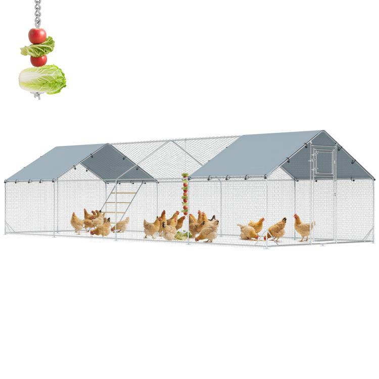 PULUZ - Metal Chicken Coop, 26 feet x 10 feet x 6.4 feet Large Chicken Run with Feeding Door, Waterproof Cover, Hanging Feeder,