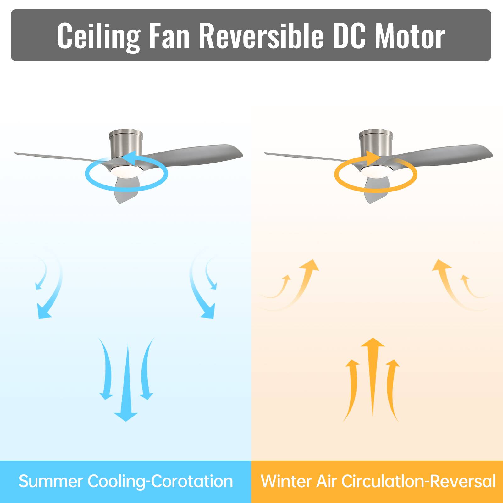 Ceiling Fan Reversible DC Motor

Summer Cooling-Corotation

Winter Air Circulation-Reversal