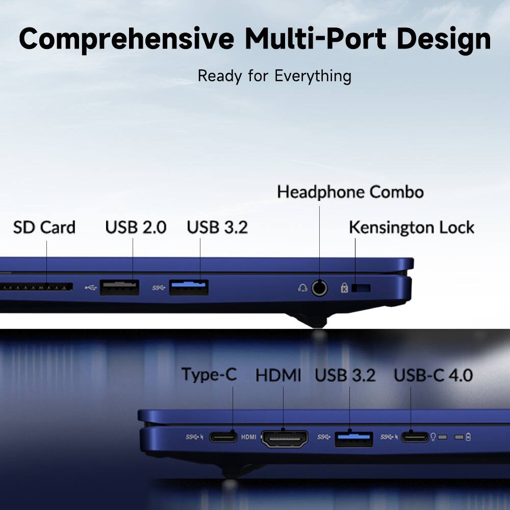 Comprehensive Multi-Port Design  
Ready for Everything  

- SD Card  
- USB 2.0  
- USB 3.2  
- Headphone Combo  
- Kensington Lock  

- Type-C  
- HDMI  
- USB 3.2  
- USB-C 4.0