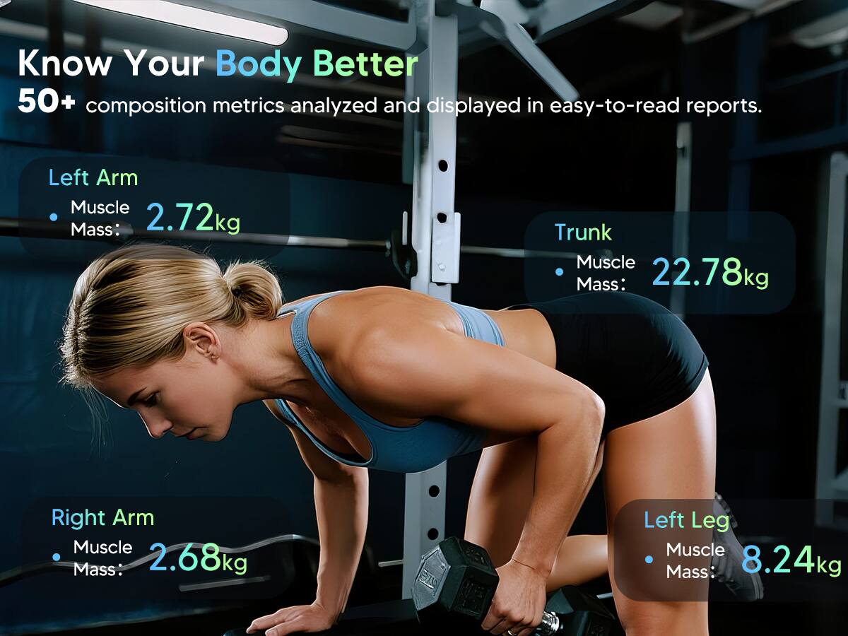 Know Your Body Better  
50+ composition metrics analyzed and displayed in easy-to-read reports.

- Left Arm Muscle Mass: 2.72kg
- Right Arm Muscle Mass: 2.68kg
- Trunk Muscle Mass: 22.78kg
- Left Leg Muscle Mass: 8.24kg