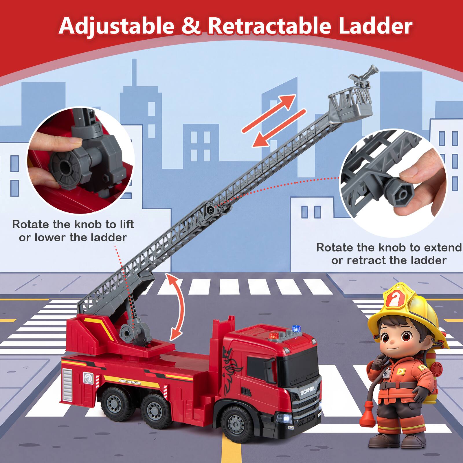 Adjustable & Retractable Ladder

Rotate the knob to lift or lower the ladder

Rotate the knob to extend or retract the ladder

FIRE RESCUE

SCAWA