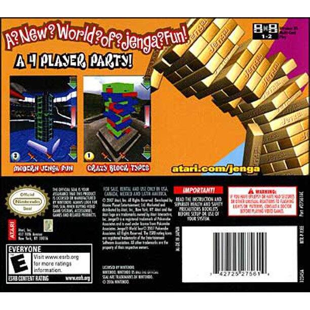 Sure, here is the corrected and grouped text from the image:

---

**A New World of Jenga Fun!**

**A 4 PLAYER PARTY!**

**Jenga 1-2 A**

**4 PLAYER PARTY!**

**Jenga enge 3 MODEON JENGA PUN 1 CRAZY BLOCK TYPES**

**atari.com/jenga**

**IMPORTANT!**

**A WARNING:**

**HI INSTRUCTION AND SEPARATE MEALTH SAFETY CONG PRECAUTIONS BOOKLITS BEFORE SETUP USE TOUE SYSTEM**

**EVERYONE**

**Visit www.esrb.org for more ratings**

**ESRB CONTENT RATING**

**www.esh.oryg**

**2504 ANO a D I UNA IMPORTANTI AMIEICA**

**WARNING: READ THE INSTRUCTION AND SEPARATE MEALTH SAFETY CONG PRECAUTIONS BOOKLITS BEFORE SETUP USE TOUE SYSTEM**

**70 - 42725 27561 #561K**

**F nthing_totr 123454**

---

**ATARI B EVERYONE**

**Visit www.esrb.org for more ratings**

**ESRB CONTENT RATING**

**www.esh