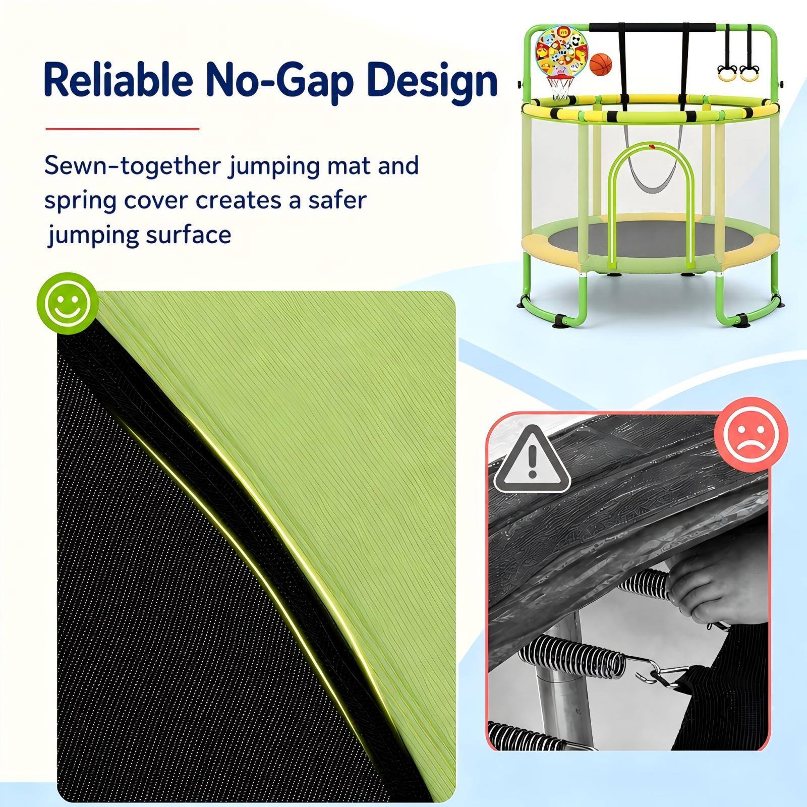 Reliable No-Gap Design

Sewn-together jumping mat and spring cover creates a safer jumping surface