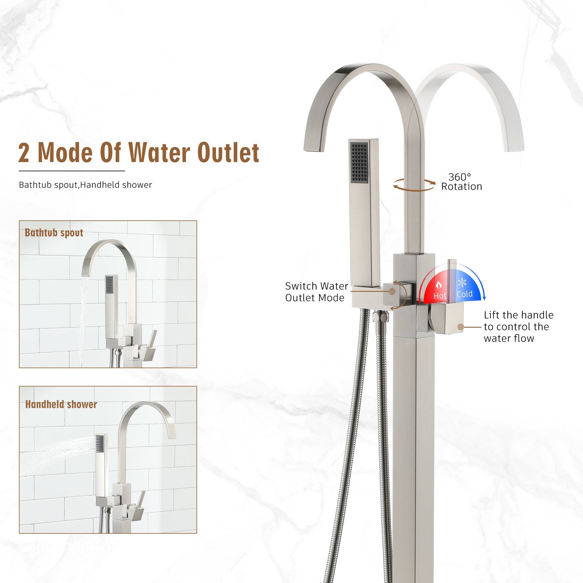 2 Mode Of Water Outlet

Bathtub spout, Handheld shower

360° Rotation

Bathtub spout Outlet Mode

Switch Water Outlet Mode

Hot Cold

Lift the handle to control the water flow

Handheld shower