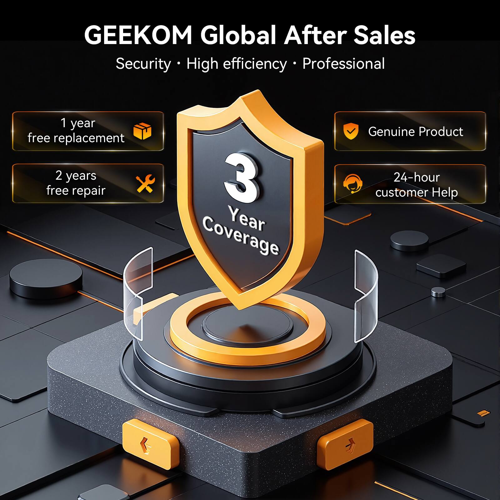 GEEKOM Global After Sales  
Security • High efficiency • Professional  

1 year free replacement  
2 years free repair  
3 Year Coverage  
Genuine Product  
24-hour customer Help