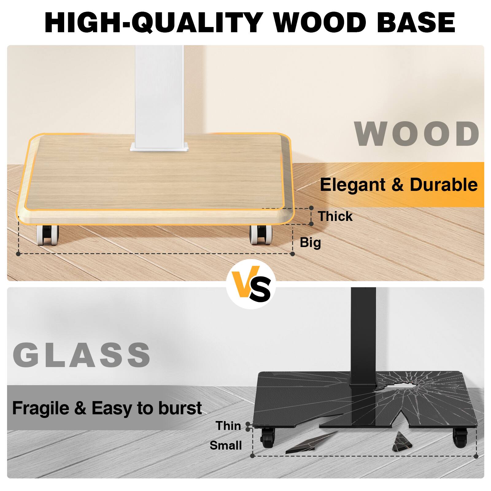 HIGH-QUALITY WOOD BASE

WOOD
Elegant & Durable
Thick
Big

VS

GLASS
Fragile & Easy to burst
Thin
Small