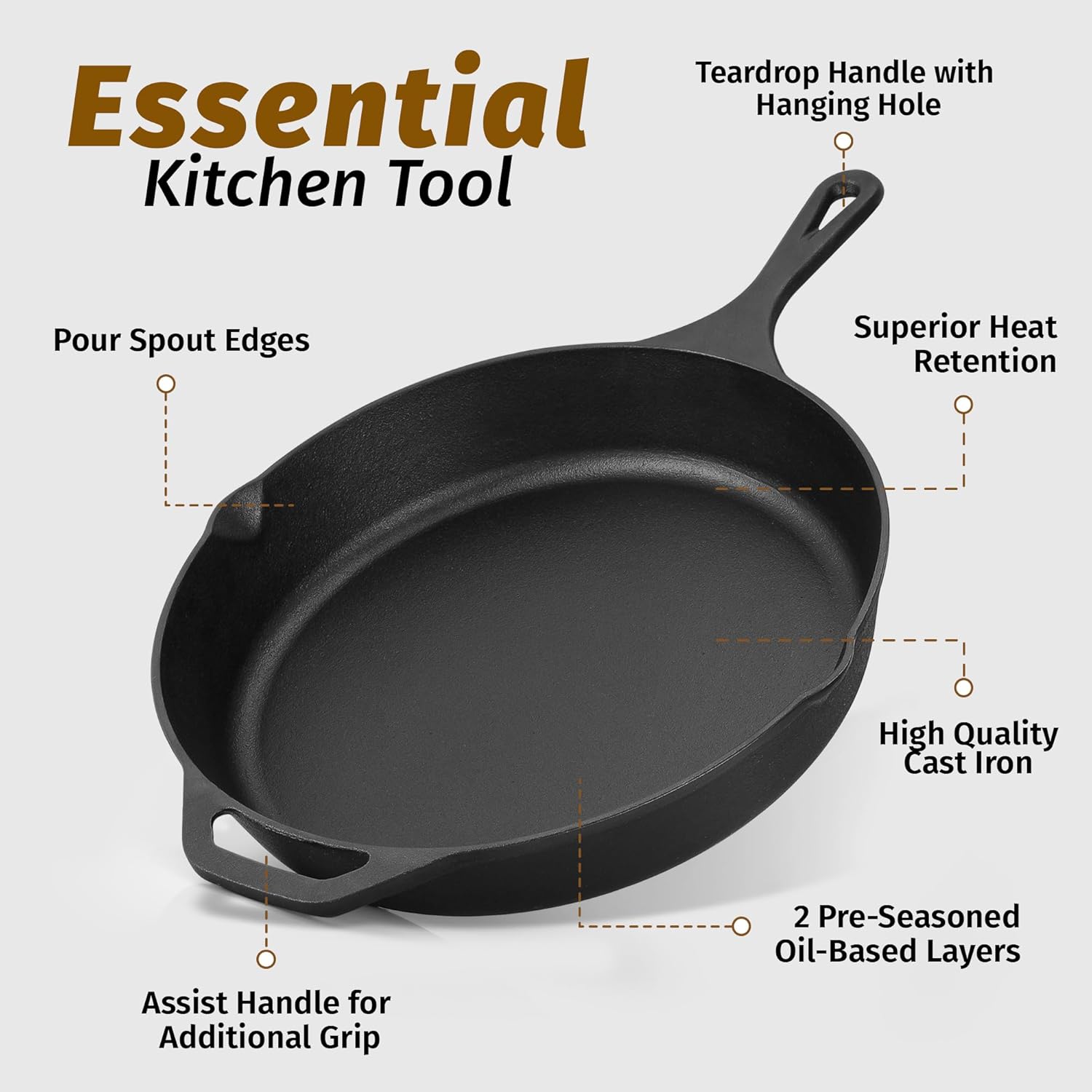 Essential Kitchen Tool

- Teardrop Handle with Hanging Hole
- Pour Spout Edges
- Superior Heat Retention
- High Quality Cast Iron
- Assist Handle for Additional Grip
- 2 Pre-Seasoned Oil-Based Layers