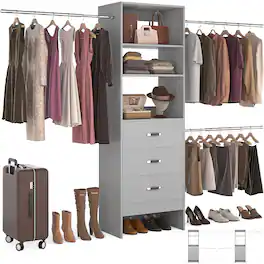 Aheaplus - 96-inch Closet System: 3 Hanging Rods & 3 Wooden Drawers, Adjustable for 5-8FT Walk-in Wardrobe - Gray