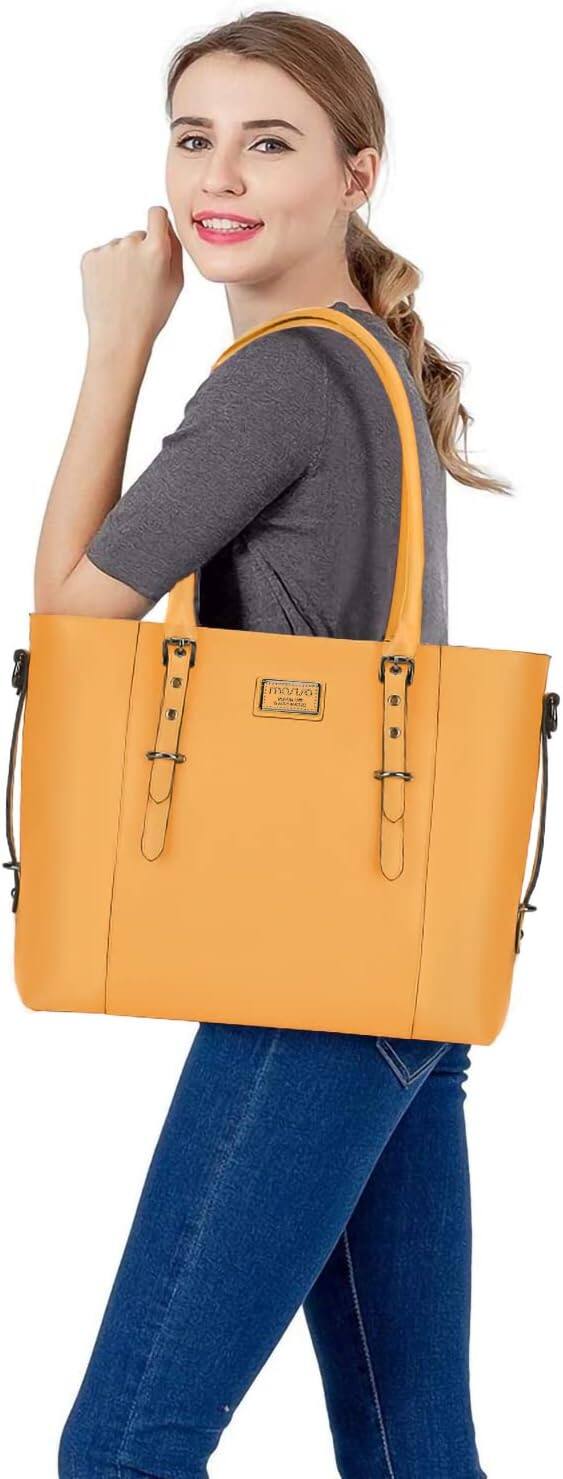 Angle. mosiso - Waterproof PU Leather Laptop Bag for Women 17.3 Inch, Vintage Briefcase Shoulder Tote Computer Bag for Work & Office - Mustard Yellow.