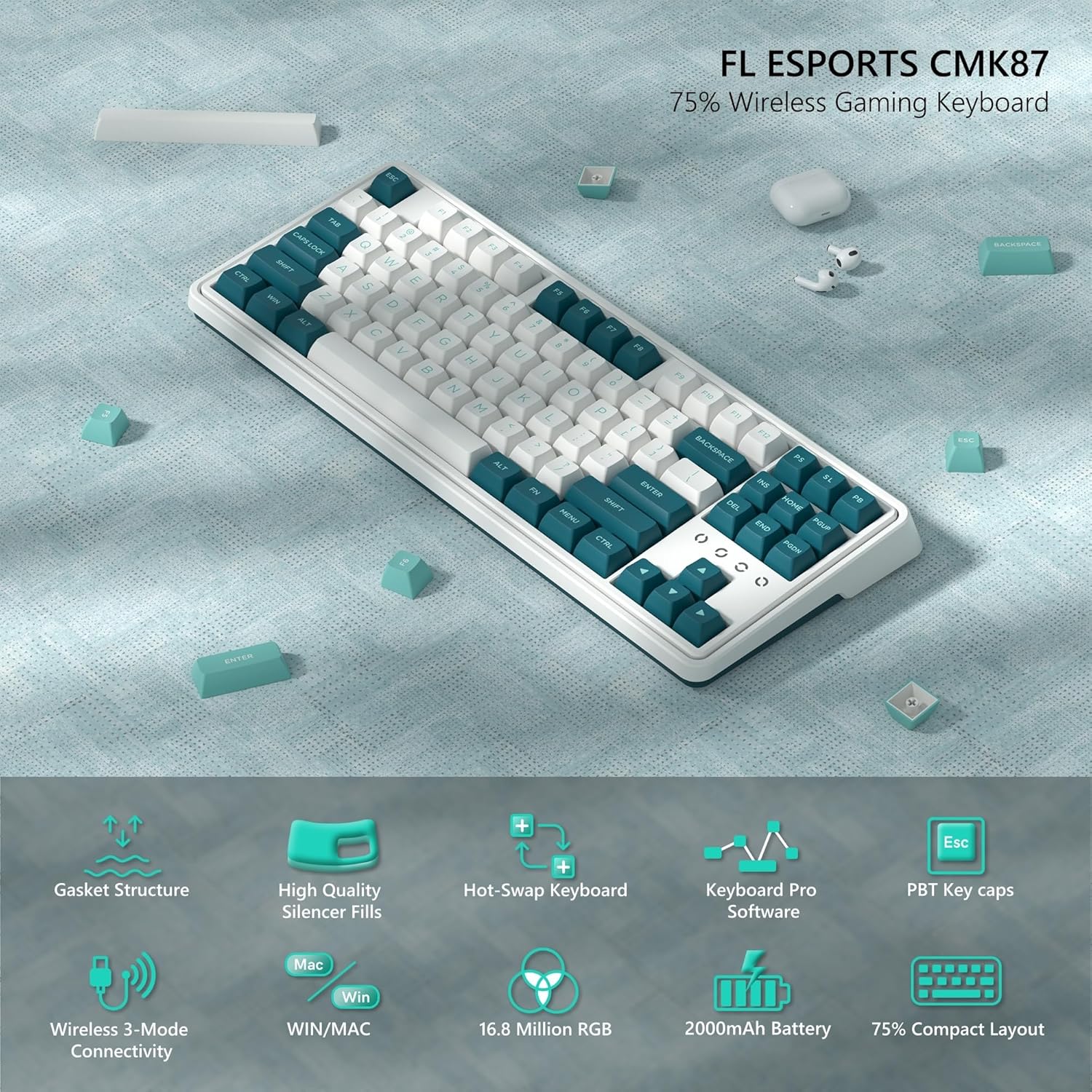 FL.ESPORTS CMK87 87 Key Wireless Gaming Mechanical Keyboard, 3