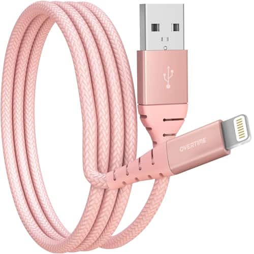 Overtime - 6ft Apple MFI Certified Lightning to USB-A Cable, Durable Fast Charging iPhone Charger Cord, Rose Gold - White