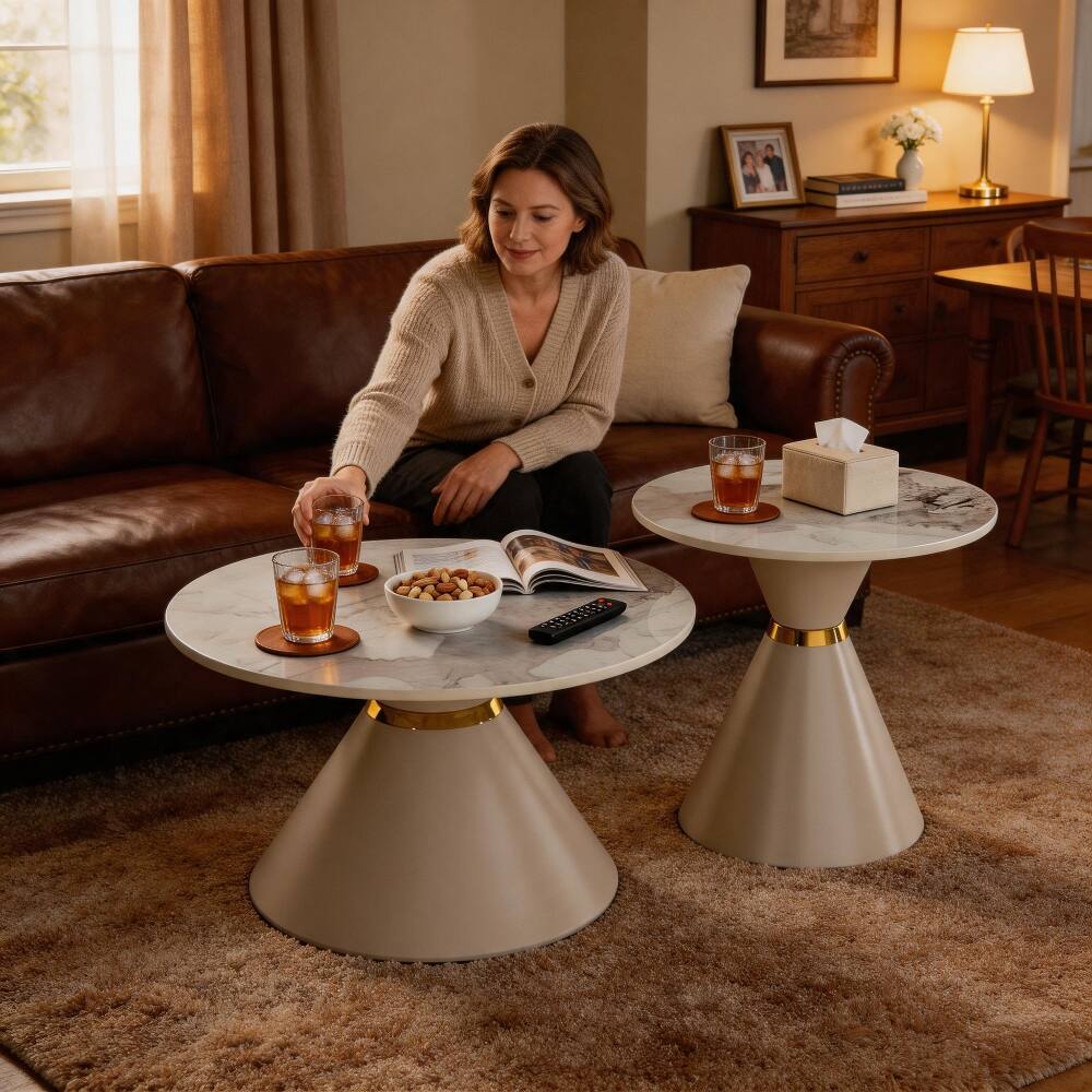 Left. Loheer - Loheer Round Nesting Coffee Table Set of 2 Sintered Stone Top Khaki Pedestal Base - Khaki.