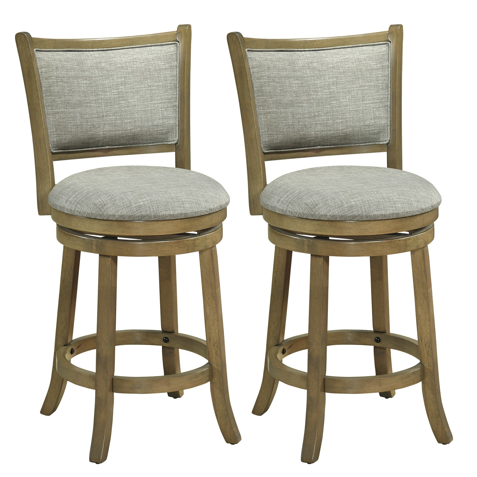 Costway - 25"Swivel Bar Stools Set of 2, with Backrests and Wood Frame,Upholstered Bar Chairs - Antique Gray,Light Gray