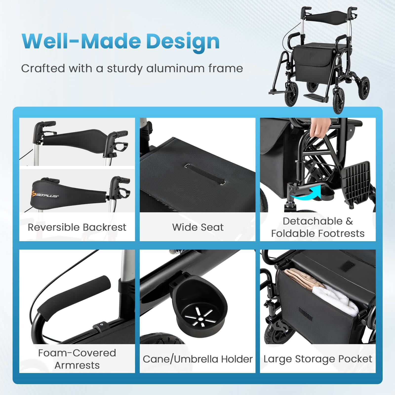Well-Made Design
Crafted with a sturdy aluminum frame

Reversible Backrest
Wide Seat
Detachable & Foldable Footrests
Foam-Covered Armrests
Cane/Umbrella Holder
Large Storage Pocket