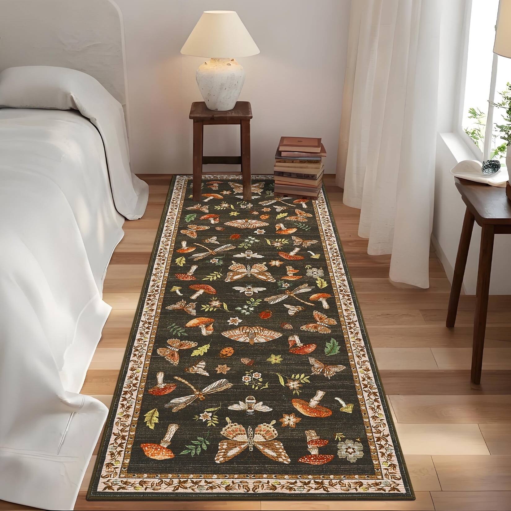Front. Homhougo - 2x6 Insect Floral Rug, Washable, Non-Slip, Brown - Brown.