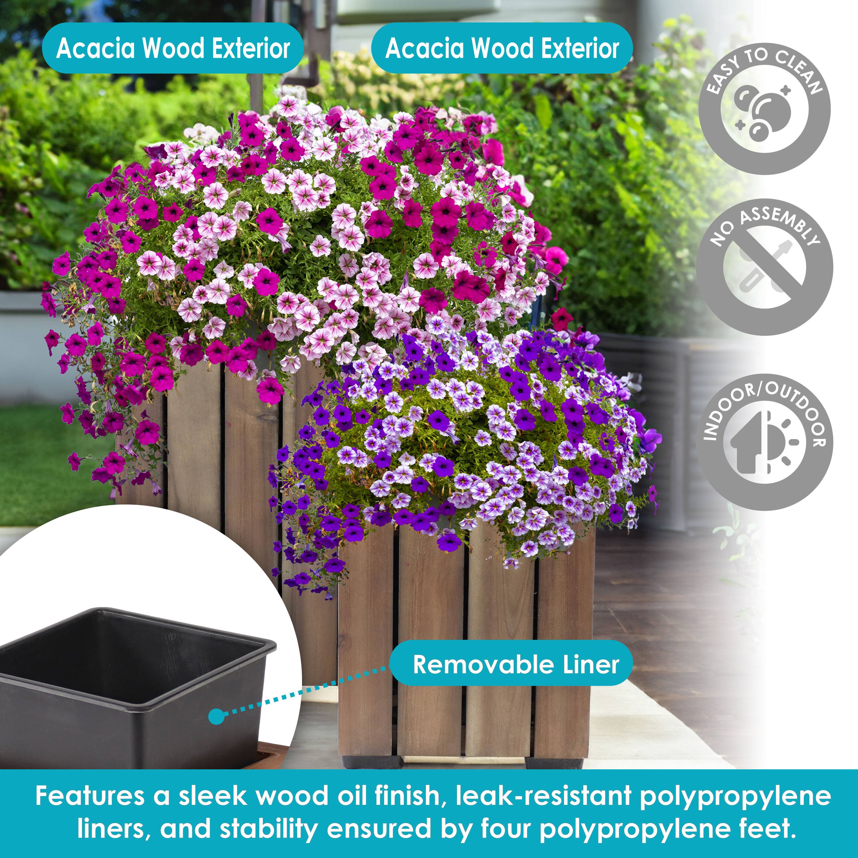 Acacia Wood Exterior

- Easy to Clean
- No Assembly
- Indoor/Outdoor

Removable Liner

Features a sleek wood oil finish, leak-resistant polypropylene liners, and stability ensured by four polypropylene feet.