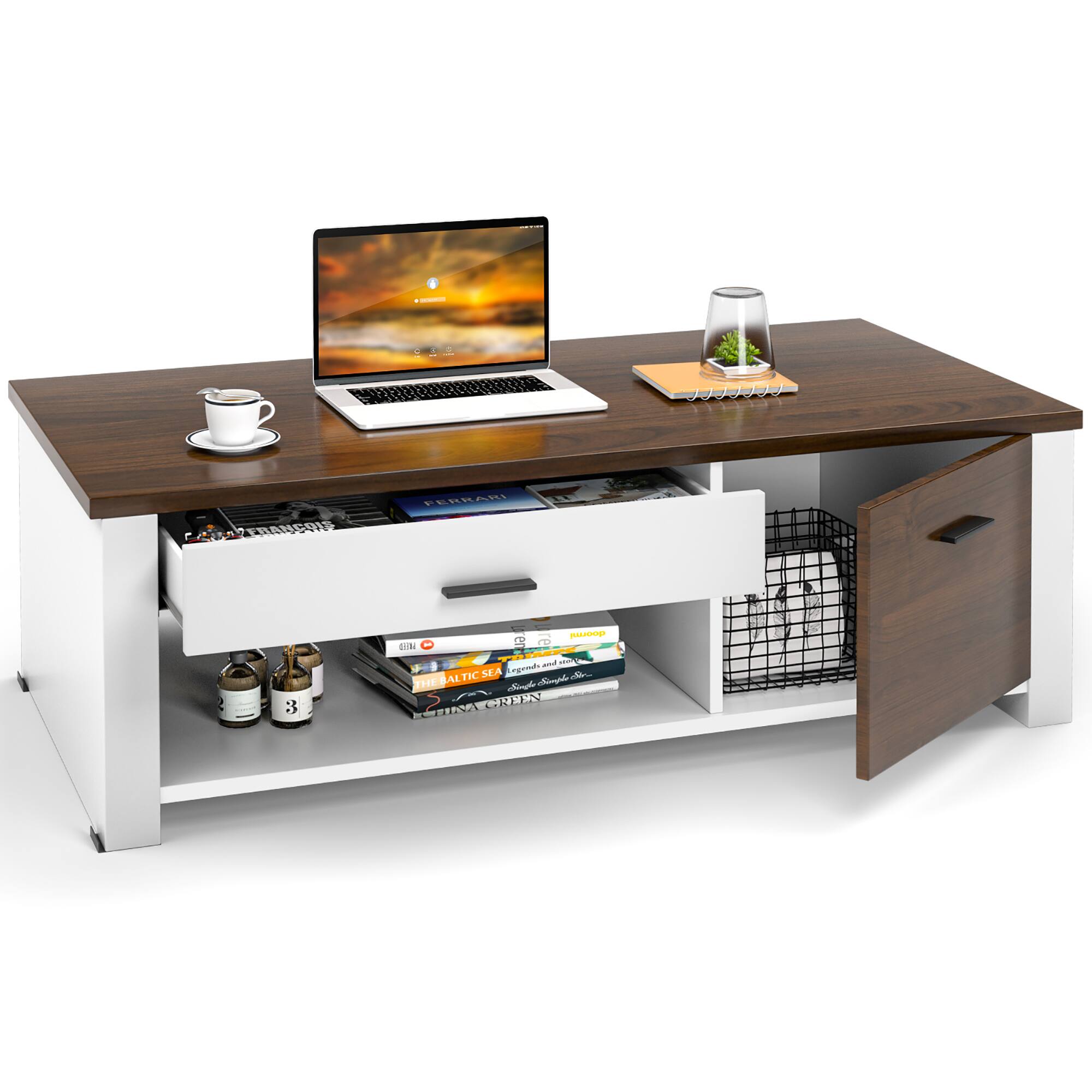 Costway - Modern Coffee Table Living Room Coffee Table W/ Storage Drawers & Compartments - Brown/White