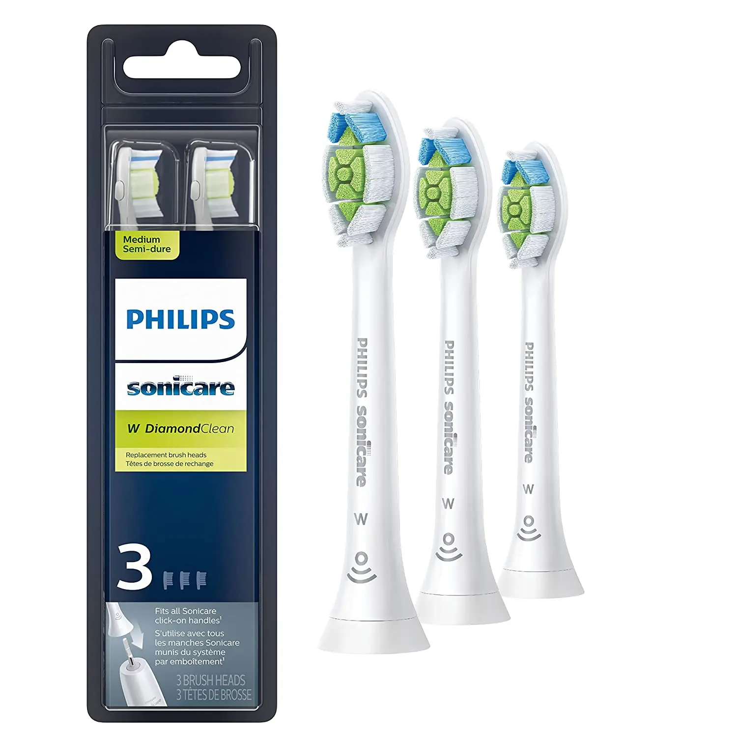 Philips - Sonicare W DiamondClean Replacement Toothbrush Heads, 3 Pack, HX6063/65 - White