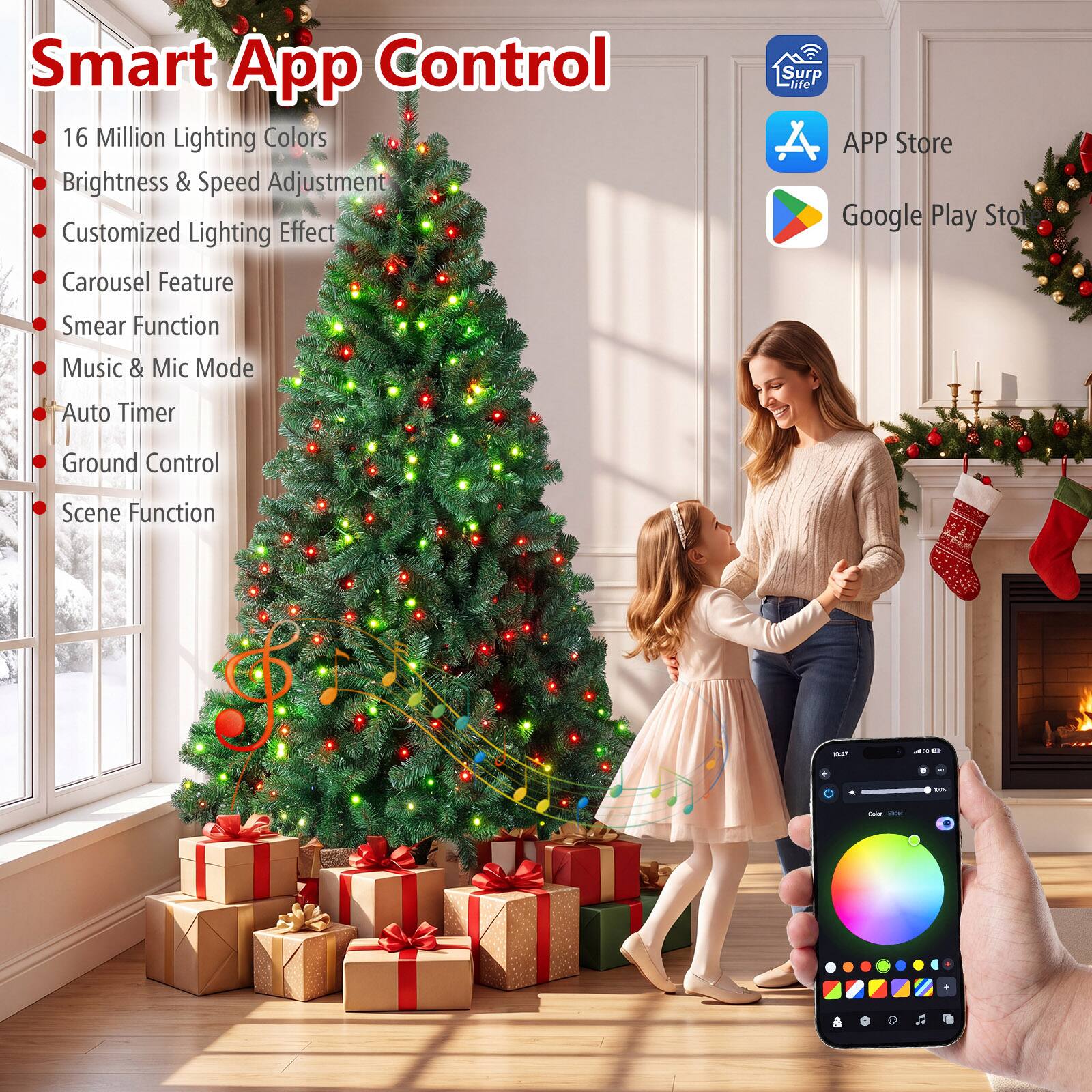 Smart App Control  
16 Million Lighting Colors  
Brightness & Speed Adjustment  
Customized Lighting Effect  
Carousel Feature  
Smeary Function  
Music & Mic Mode  
Auto Timer  
Ground Control  
Scene Function  

Surp Life  
APP Store  
Google Play Store