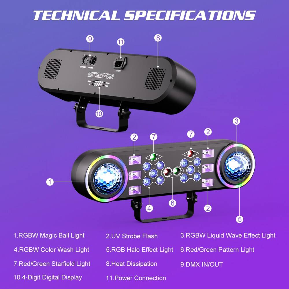 Sure, here is the corrected and grouped text based on the image:

**TECHNICAL SPECIFICATIONS**

1. RGBW Magic Ball Light
2. UV Strobe Flash
3. RGBW Liquid Wave Effect Light
4. RGBW Color Wash Light
5. RGB Halo Effect Light
6. Red/Green Pattern Light
7. Red/Green Starfield Light
8. Heat Dissipation
9. DMX IN/OUT
10. 4-Digit Digital Display
11. Power Connection

**Image Labels:**
- 1: RGBW Magic Ball Light
- 2: UV Strobe Flash
- 3: RGBW Liquid Wave Effect Light
- 4: RGBW Color Wash Light
- 5: RGB Halo Effect Light
- 6: Red/Green Pattern Light
- 7: Red/Green Starfield Light
- 8: Heat Dissipation
- 9: DMX IN/OUT
- 10: 4-Digit Digital Display
- 11: Power Connection